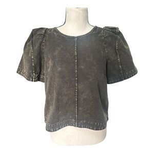 Sea New York Washed Black Denim Puff Sleeve Cotton Top Size 4